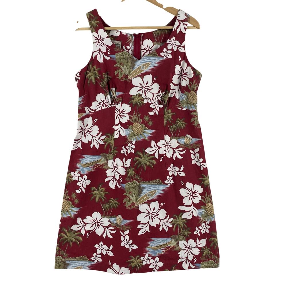 VTG Hilo Hattie Womens Hawaiian Dress SZ 12 Red Hibiscus Floral Made in Hawaii